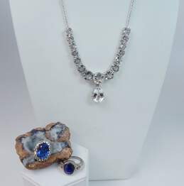Contemporary 925 Icy Clear & Blue CZ Necklace & Rings 35.7g