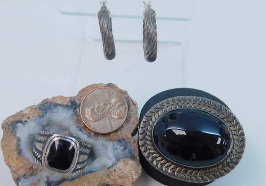 Artisan Sterling Silver Onyx Brooch Faux Onyx Ring & Twisted Mini Hoop Earrings 27.8g image number 9