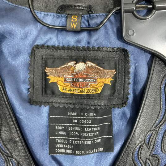 Women's Harley Davidson Blue "Misty Waters" Design on Black Leather Vest Sz S image number 5