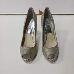 Women's Michael Kors Silver Glitter Open Toe Heels 7.5M