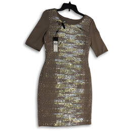 NWT Womens Brown Silver Sequin Round Neck Knee Length Sheath Dress Size M