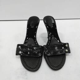 Charles Women's Black Leather Slip On Open Toe Stiletto Heel Slide Sandals Size 6