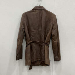 Womens Brown Long Sleeve Belted Button Front Leather Jacket Size Small alternative image