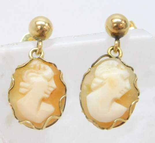 14K Yellow Gold Carved Shell Cameo Dangle Earrings 1.5g image number 4
