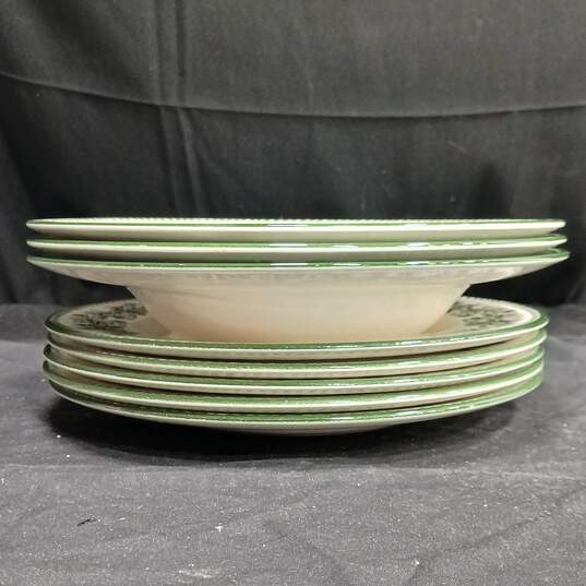 Bundle of 5 Josiah Wedgwood & Sons Ltd. Mayfair White and Green Floral Themed Ceramic Dinner Plates w/3 Matching Deep Dish Plates image number 6