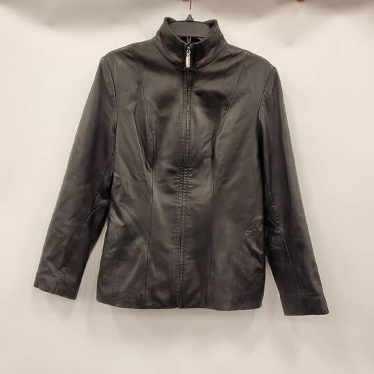 New York & Company Women Black Leather Zip Up Jacket sz M image number 1