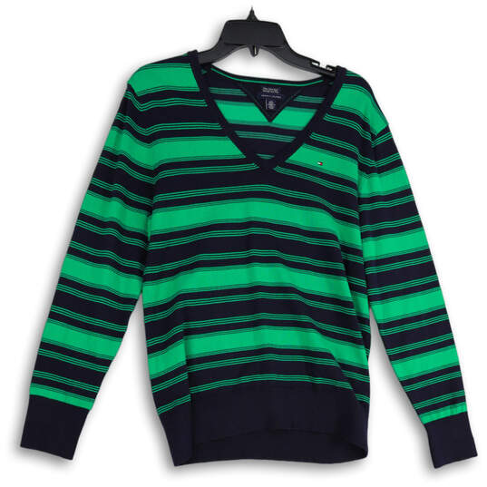 Womens Blue Green Striped V-Neck Long Sleeve Pullover Sweater Size L/G image number 1