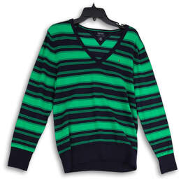 Womens Blue Green Striped V-Neck Long Sleeve Pullover Sweater Size L/G