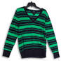 Womens Blue Green Striped V-Neck Long Sleeve Pullover Sweater Size L/G image number 1