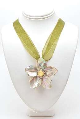 Whitney Kelly 925 MoP Shell Flower Pendant Brooch Green Ribbon Necklace