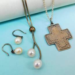 Rustic 925 White Pearls Lariat Snake Chain & Stamped Cross Pendant Necklaces & Drop Earrings 14.2g