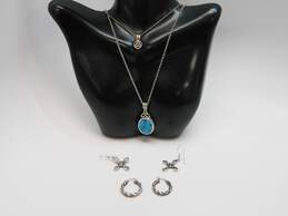 Irish 925 Faux Turquoise & Lapis Reversible Oval & Celtic Knot Pendant Necklaces & Cross Drop & Twisted Hoop Earrings 21.1g