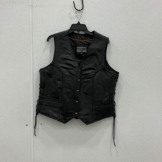 Mens Black Leather Sleeveless Side Lace Button Up Motorcycle Vest Size 3XL image number 1
