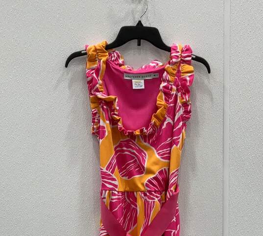 Womens Pink Orange Floral Ruffle Round Neck Sleeveless Shift Dress Size M image number 3