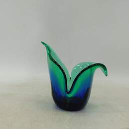 Murano Blue Green Ombre Art Glass Petal Leaf Votive Candle Holder Home Decor