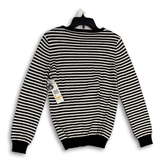 NWT Womens Black White Striped Shoulder Button Pullover Sweater Size Small image number 2