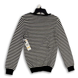 NWT Womens Black White Striped Shoulder Button Pullover Sweater Size Small alternative image