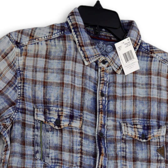 NWT Mens Blue Brown Plaid Short Sleeve Pockets Button-Up Shirt Size Small image number 3