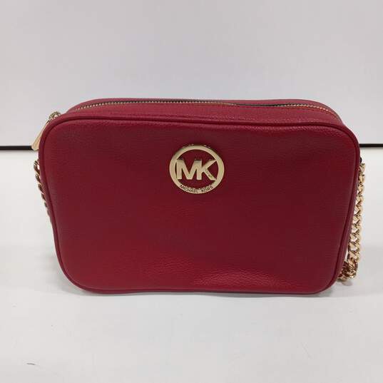 Michael Kors Red Pebble Grain Pattern Gold Hardware Crossbody Handbag image number 1