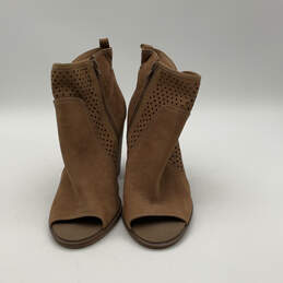 Womens Lakmeh Brown Leather Open Toe Side Zip Block Heel Booties Size 11M