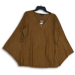 NWT Relativity Womens Brown Lace Up V-Neck Flared Sleeve Blouses Top Size XL