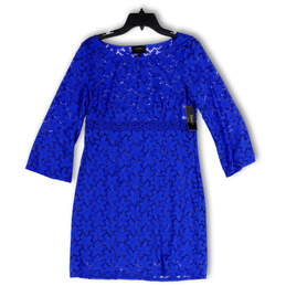 NWT Womens Blue Floral Lace Round Neck 3/4 Sleeve Short Sheath Dress Size 8