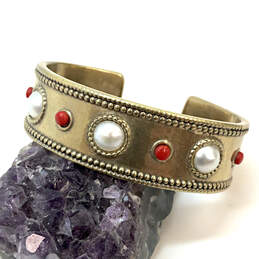 Designer Lucky Brand Gold-Tone White Pearl Red Stone Wide Cuff Bracelet