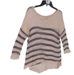 Womens White Striped Round Neck long sleeve Pull Over sweater Size Small alternative image