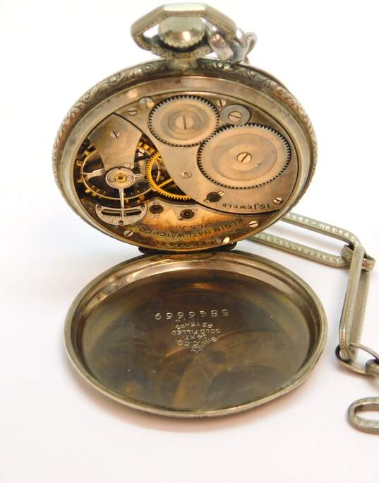 Antique Elgin Gold Filled 15 Jewels Pocket Watch With Chain 71.3g image number 3