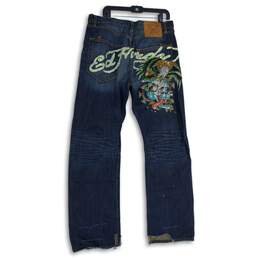 Ed Hardy Womens Blue Denim Embroidered Medium Wash Straight Leg Jeans Size 36 alternative image