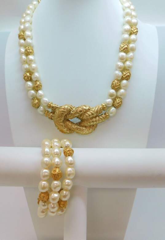 Vintage Mary McFadden for Franklin Mint Faux Pearl & Gold Tone Knot Statement Necklace & Bracelet Demi Parure 188.3g image number 1
