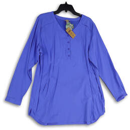 NWT Womens Blue Henley Neck Pleated Long Sleeve Tunic Blouse Top Size XXL