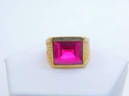 10K Gold Faceted Ruby Etched Textured Statement Band Ring 9.5g