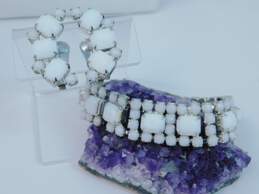 Vintage Weiss Silvertone Milk Glass Rhinestones Curved Cluster Clip On Earrings & Matching Wide Chain Bracelet Set 46g