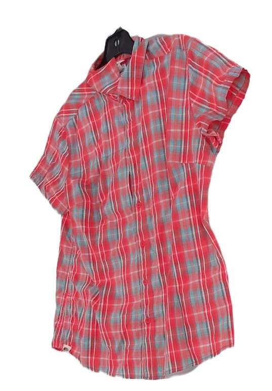 Womens Red Blue Plaid Short Sleeve Collared Button Up Shirt XL image number 3