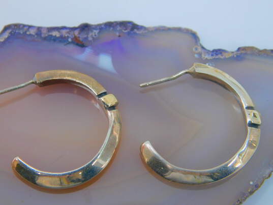 Artisan Signed 925 & 14K Gold Accent Notched Ridged Semi Hoop Post Earrings 3.9g image number 2
