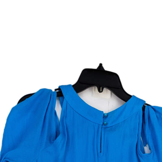 Womens Blue Round Neck Cold Shoulder Stretch Pullover Blouse Top Size Small image number 4