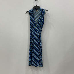 Womens Blue Black Striped Sleeveless Collared Tie Waist Wrap Dress Size XS