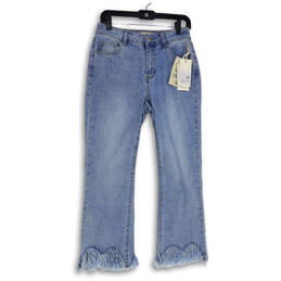 NWT Womens Blue Denim Light Wash Bottom Feather Fringes Cropped Jeans Sz 26