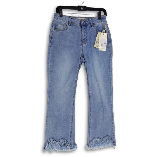 NWT Womens Blue Denim Light Wash Bottom Feather Fringes Cropped Jeans Sz 26 image number 1
