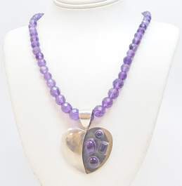 DRT Desert Rose Trading 925 Amethyst Cabochons Half Puffed Heart Pendant Faceted Graduated Beaded Chain Necklace 32.6g