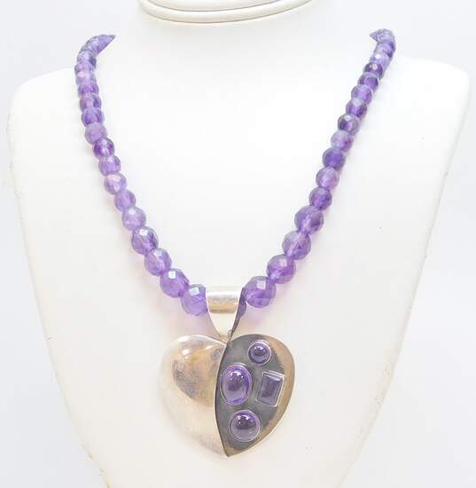 DRT Desert Rose Trading 925 Amethyst Cabochons Half Puffed Heart Pendant Faceted Graduated Beaded Chain Necklace 32.6g image number 1