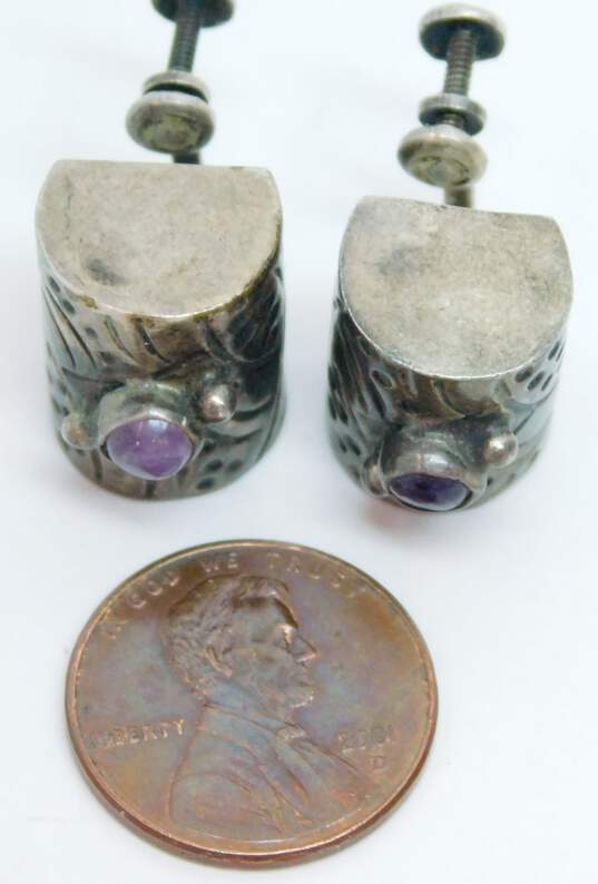 VNTG 925 Sterling Silver Mexico Amethyst Cabochon Screw Back Earrings image number 6