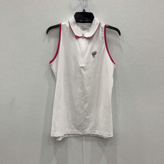 Womens White Pink Sleeveless Tuxedo Collar 1/4 Zip Golf Polo Shirt Size M image number 1