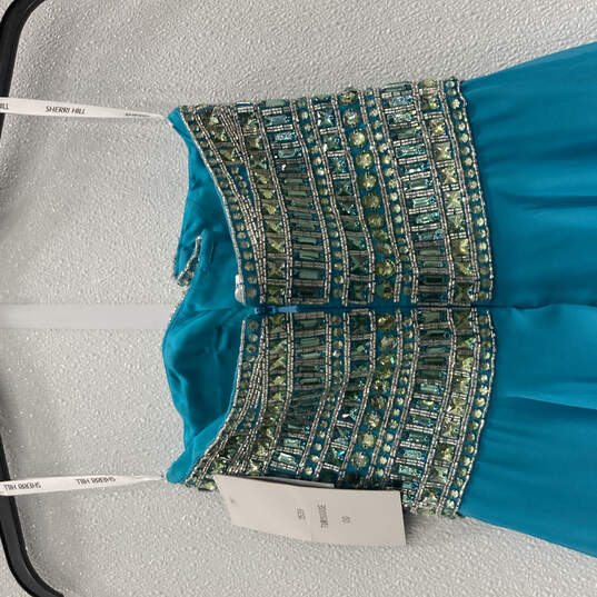 NWT Womens Blue Strapless Back Zip Rhinestone Pleated Maxi Dress Size 00 image number 4
