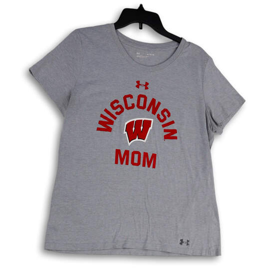 Womens Gray Red Wisconsin Mom Graphic Print Short Sleeve T-Shirt Size XL image number 1