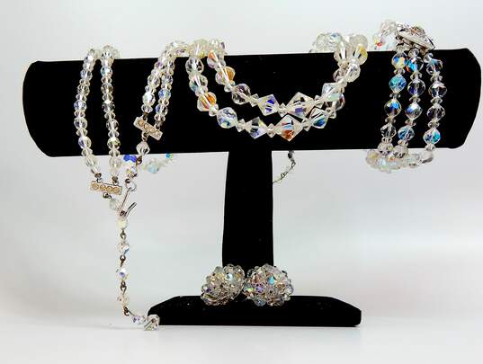 Vintage Aurora Borealis Crystal Multi Strand Necklaces Bracelet & Clip On Earrings 144.4g image number 3