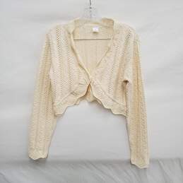 Hand Knitted WM's 100% Algodao Ivory Cropped Frayed Cardigan Size M