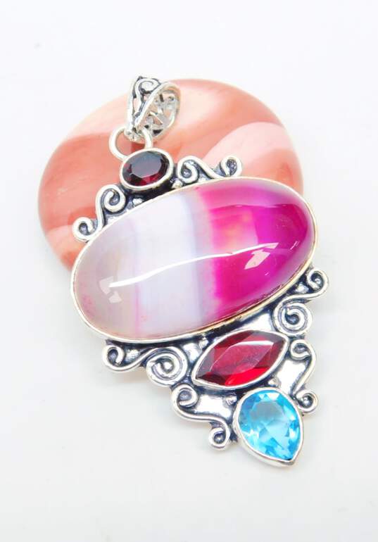 Artisan Silver Tone Rhodonite Agate Rainbow Calsilica Moonstone Colorful Glass Statement Pendants 76.3g image number 4