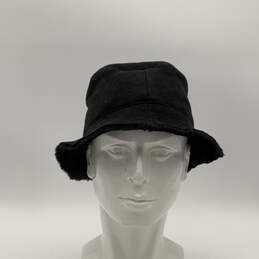 Womens Black Suede Shearling Wide Brim Fuzzy Bucket Hat Size M/L